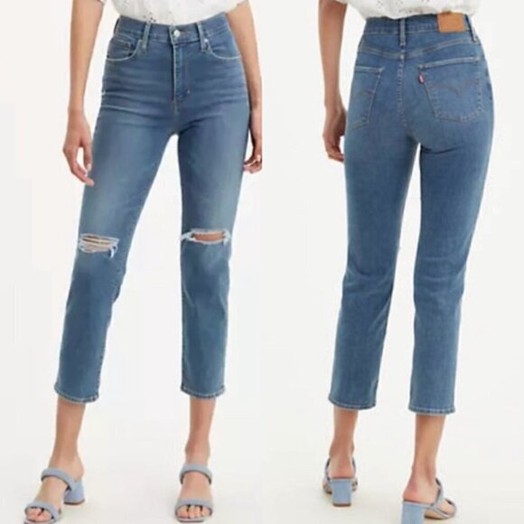 NWT Levi's 724 High Waisted Straight Leg Distressed Blue Denim Jeans Size 26 - Picture 1 of 7
